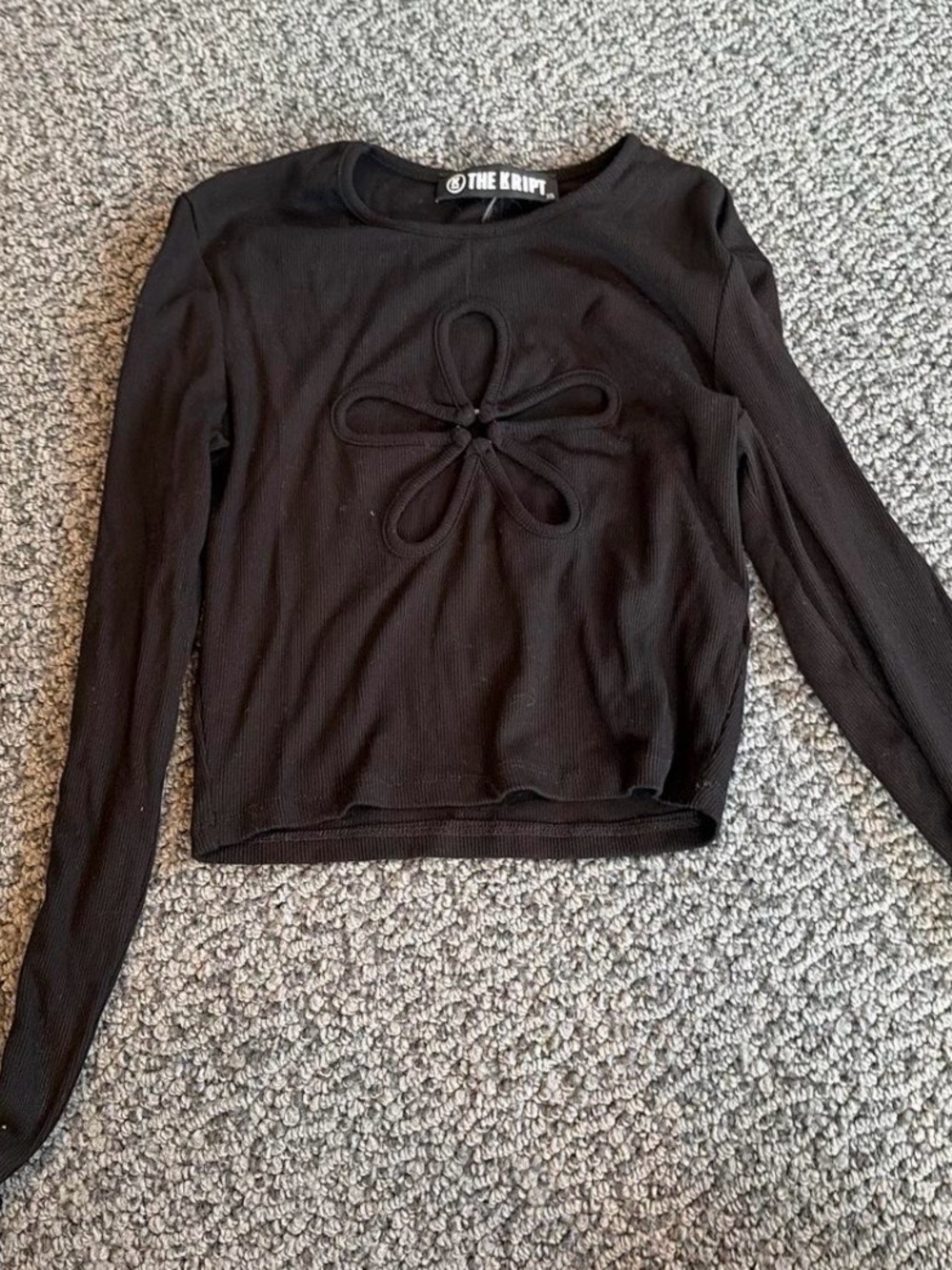 The Kript Black Long-Sleeve Floral Cutout Ribbed Top